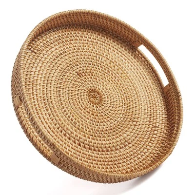 Round Rattan Serving Tray Decorative Woven Ottoman Trays with Handles for Cof...