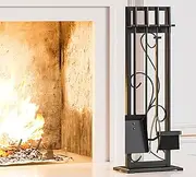 Kingson 5 Pieces Heavy Duty Fireplace Tools Sets Wrought Iron Indoor Fireplace Décor Tools Outdoor Fireplace Accessories Tool Sets Decorative-Black