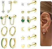 [Sanfenly] Dainty Gold Flat Back Earrings Hypoallergenic Cartilage Earring Sets for Multiple Piercing 20G Surgical Stainless Steel Earrings Trendy Earring Stacks Small Hoop Flatback Stud Earrings