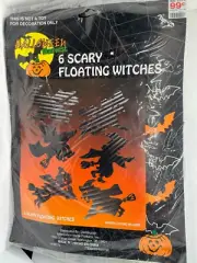 Halloween Harvest 6 Scary Floating Witches Decorations Flying Broom Black Hat