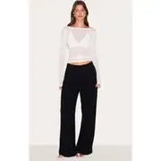 White Textured Sheer Lace Boat Neck Long Sleeve Top, White