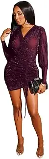 [Generic] Women's Sheer Mesh Wrap V Neck Long Sleeve Ruched Drawstring Bodycon Mini Dress