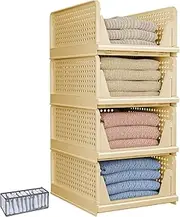 4 Pack Stackable Plastic Storage Basket Folding Closet Organizers Storage Box Clothes Organizer Bin Large Drawer Shelf Storage Container for Wardrobe Cupboard Kitchen Office Yellow 4L