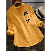 Women's Shirt Blouse Cotton Linen Shirts Cat Basic Modern V Neck Daily Print White Yellow Army Green Red Summer