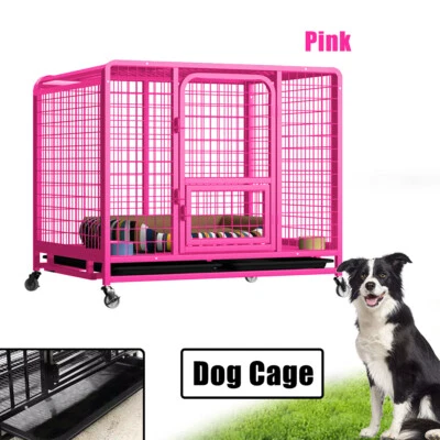 XXL Heavy Duty Pet Dog Cage Strong Metal Crate Kennel Playpen With Wheels & Tray
