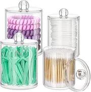 4 Pack Qtip Holder Dispenser - 10oz, 12oz Clear Plastic Apothecary Jars Set - Restroom Bathroom Makeup Organizers Containers for Floss, Cotton Ball, Cotton Swab, Cotton Round Pads, Hair Ties, Bath Salt