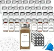 KITment 36Pcs Glass Spice Jars Bottles with Spice Labels Square Seasoning Containers Organiser Small Items Storage Organization for Spice Rack, Cabinet, Drawer, with Shaker Lids, Airtight Caps, 120ml