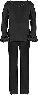 [Generic] Womens Pantsuits for Wedding Guest Loose Sleeve V Neck Top High Waist Wide Leg Pants Set 2 Sweatshirt Womens Wide Leg Jogging Suit