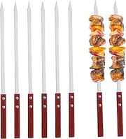 6Pcs Stainless Steel Flat Barbecue Skewers with Wooden Handles for Grilling Kabob Skewers for Meat and Vegetables for BBQ and Outdoor Cooking