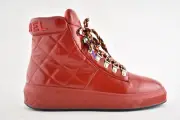 Chanel 18A Red Patent Leather Quilted CC Lace Up High Top Flat Sneaker Boot 40
