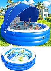 2025 Upgraded Inflatable Pool with Canopy, Inflatable Family Lounge Pool, Round Blow Up Pool for Adult with Bench & Backrest, Swim Center Easy Backyard Pools for Kids & Adults, 116"x66"x24", Blue