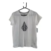 volcom women t-shirt white & black butterfly print short sleeve crew neck size m