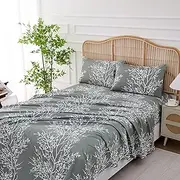 Spirit Linen home Queen Size Bed Sheets - Pure Microfiber 4 Piece Polyester Bed Sheets, Fitted Sheet & Pillow Cases - Queen Sheets for All Seasons (Foliage Grey/White, Queen)