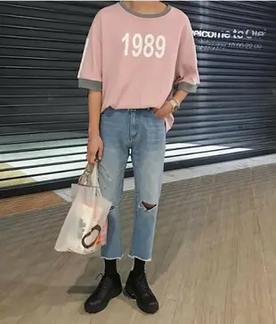FINDSENSE MD 韓國 潮 男 時尚 休閒 寬鬆 五分袖 拼色 1989數字 短袖T恤 特色短T 數字T