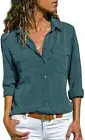 Women Summer Pockets Blouses Casual Short Sleeve Tops, Light Blue, Size M