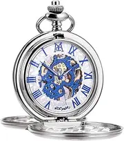 [ManChDa] Pocket Watch Skeleton Engraved Retro Dial Mechanical Watch for Men Gold Movement with Double Chain + Gift Box