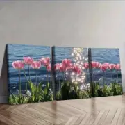 3pcs Pink Tulip Blue Water Colorful Perfect Wall Art Canvas Framed 50x70cm