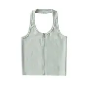 Halter Zip-Up Open Back Ribbed Plain Crop Top Green - M