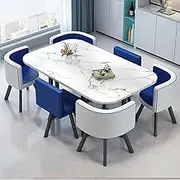 Dining Table Set for 6, 90 * 150cm Office Conference Tables and 6 Chairs Set, Negotiation Room Business Coffee Table with Metal Bracket(Blue 2)