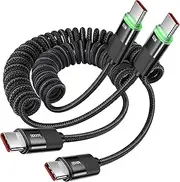 toocki USB C to USB C Coiled Cable, 2Pack 1.8M USB C Coiled Cable with Data Sync LED Indicator for CarPlay, Compatible with iPhone 16/15 Series, iPad Air/iPad Pro, MacBook Pro,Galaxy S25/S24 and More