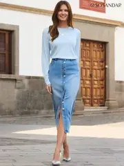 Sosandar Blue Button Through Denim Midi Skirt (F52623) | $127