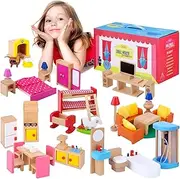 Premium Wooden Dollhouse Furniture Set – 49-Piece Kit, 7 Rooms, 1:12 Scale – Doll House Bathroom, Dining Room, Master Bedroom, Kids & Baby Rooms, Full Kitchen, Living Room, Doghouse