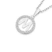Silver Cz 'm' Open Circle Initial Pendant in Clear