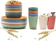 18pcs Wheat Straw Dinnerware Serving Set for 6, Colorful Lightweight Plates Bowls Cups Sets, Unbreakable Reusable Plates, Microwave Dishwasher Safe, Perfect for Camping, Picnic, Outdoor Barbecue