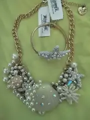 NWT Betsey Johnson Seashell Necklace & Bangle Set Pearls Starfish Shell Bracelet
