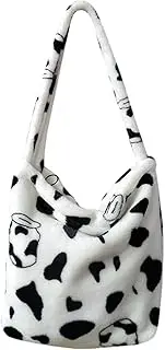 [Minkissy] Cow Pattern Shoulder Bag Women's Armpit Bag Plush Material Zipper Design