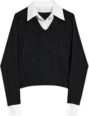 [Generic] Women's Simple Round Neck Fake Two-Piece Knitted Sweater Pullover Sweater Casual Loose Long Sleeved Knitted Sweater