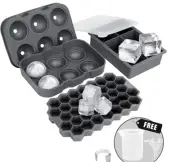 Ice Cube Silicone Tray 3 Pk Round Square & Honeycomb Lids Measure Cup Funnel NEW