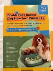 Double Food Bucket Slow Feeder Dog Bowls, Adjustable Feeding Speed New (Blue)