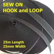 25mm x 25m Sew on HOOK and LOOP Fastener Non Adhesive Back Black