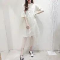 在飛比找momo購物網優惠-【BBHONEY】韓版字母棉T拼接網紗連衣裙洋裝(網美必備款