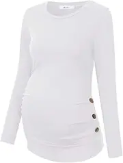 [FUNJULY] MissQee Coolmee Maternity Shirt Side Button and Ruched Maternity Tunic Tops Maternity Short Sleeve T-Shirts, White-Long, Large