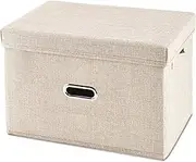 Linen Fabric Storage Bin with Lid[1-Pack] Foldable Storage Box Organizer Storage Basket with Lid Closet Storage Bins for Clothes Storage Containers for Bedroom Office Home (Cream, Medium)
