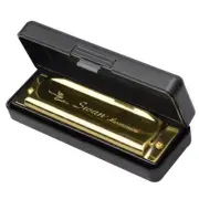 Swan Harmonica 10 Holes Key of C GOLDEN with Case Blues Harp Metal Steel H8K9