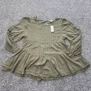 NEW American Eagle Shirt Womens S Green Long Sleeve Flutter Ruffle Ruched Preppy