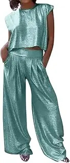 [WUANDIXFA] Blazers for Women Sleeveless Suit Top and Wide Leg Pants Button Blazer Sets Casual 2 Piece Outfits