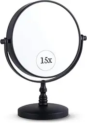 MIRRORVANA 15X Magnifying Dressing Table Mirror for Makeup - Double Sided 15X/1X, Free Standing Mirror for Vanity and Bathroom - 15cm Wide & 23cm Tall (Black)