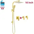 Brushed Gold Twin 10" Square Rain Shower Head Sliding Rail Arm Set Mixer Taps