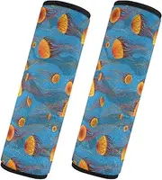 Car Seat Belt Pads 2 Pack Soft Car Safety Seat Belt Strap Shoulder Pad Backpack Shoulder Strap Pad Cover Car Accessories for Women Men Kids S Cartoon Orange Jellyfish Floating Deep Blue