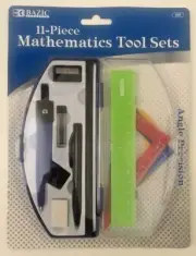 11-Piece BAZIC Mathrmatics Geometry Tool Set Protractor Compas Ruler Pencil, etc