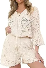 [AIWUFLY] Womens Lace 2 Piece Outfits Elegant Solid Lounge Set Long Sleeve Drawstring Off Shoulder Top & Elastic Wide Shorts