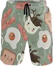 [GuoChe] Swim Trunks for Mens Cute Breakfast Retro Green Quick Dry Bathing Suits Board Shorts Mens Swim Trunk Pants with Mesh