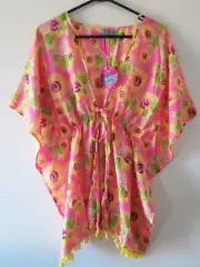 SOUTH BEACH Pink Pineapple Sunflower Kaftan Beach Throw Pom Pom Trim New