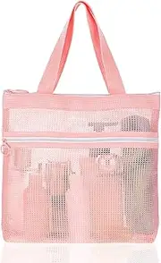 [Giantree] Mesh Shower Caddy Bag, Portable Small Hanging Toiletry Tote Bag with Zipper, Shower Caddy Quick Dry Mesh Tote Bag for Gym, Travel, Camp, Beach, for Sunscreen, Dorm & College Essentials, Pink