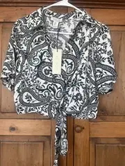 NWT- Women’s Small Rachel and Zoe White and Black Paisley Tie Front Top