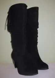 WOMENS BLACK FAUX SUEDE RAMPAGE FRINGE KNEE-HIGH SCRUNCH BOOTS 9 EUR 39 39.5 40